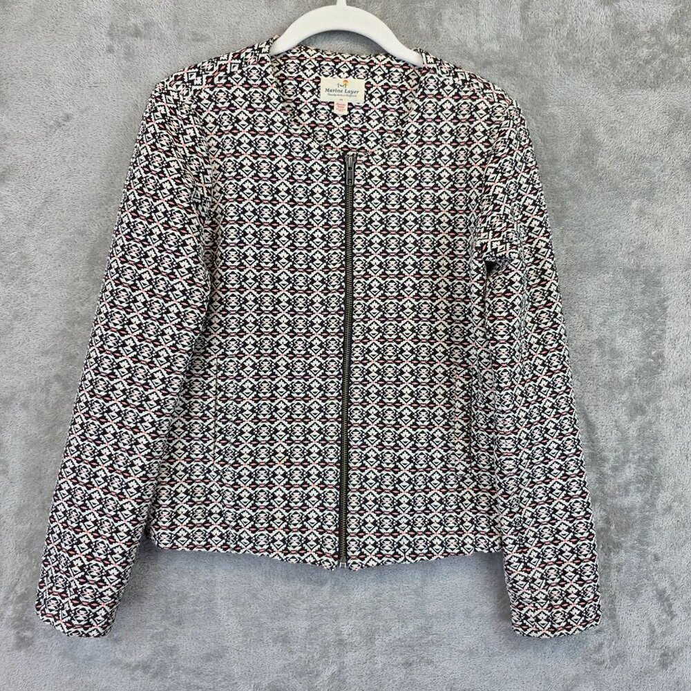 Marine Layer Jacket Womens XS Black Geometric Tweed Collarless Full Zip Tribal